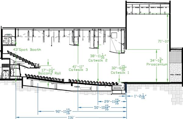 Main Stage and Auditorium Section with Dimensions